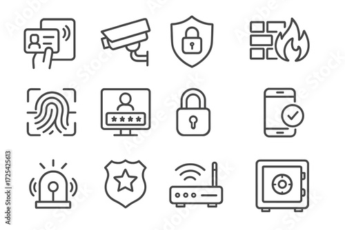 Security icons representing surveillance, protection, and access control in modern environments