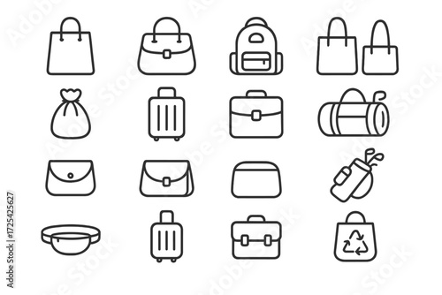 Collection of stylish bags and travel accessories in simple line art design showcasing versatility and function