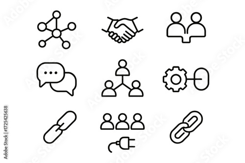 Illustration showing various concepts of networking, collaboration, and connection in a clean and modern design style