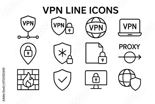 Collection of VPN line icons showcasing security tools for online privacy and data protection