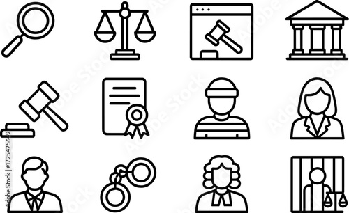 Legal icons representing law enforcement, justice system, and legal processes in a minimalistic design