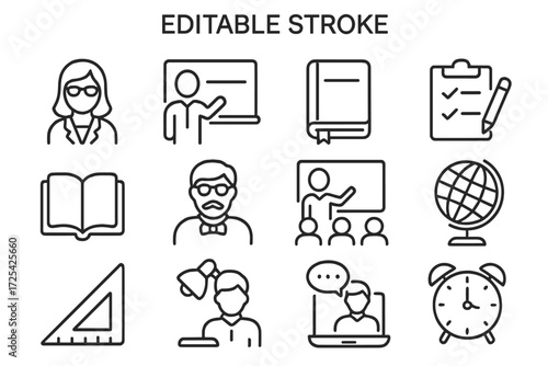 Educational icons depicting various classroom activities involving teaching and learning tools