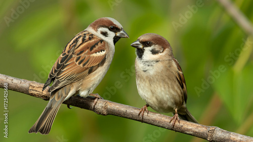 Two adorable sparrows perched closely together on a branch, creating a heartwarming scene of nature's beauty and avian connection