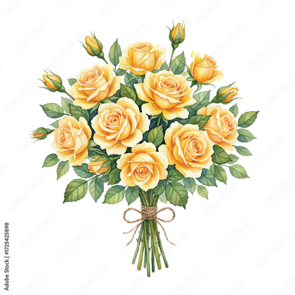 Fototapeta premium Floral Watercolor Illustration of Yellow Roses and Green Leaves