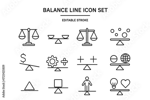 Balance line icon set featuring scales, symbols, and various concepts for visual representation