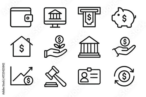 Financial symbols and icons including wallet, bank, money growth, and legal aspects of finance for visual representation
