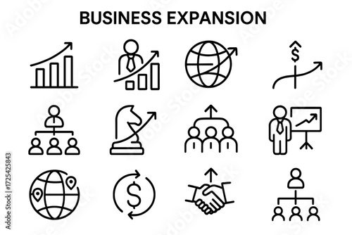 Icons depicting business expansion themes including growth, teamwork, strategy, and global networking for corporate success