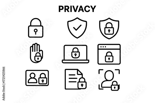Icons representing privacy and security measures in digital environments and personal data protection