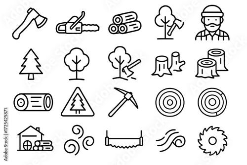 Forest tools and activities displayed in a simple icon style showcasing lumber industry essentials