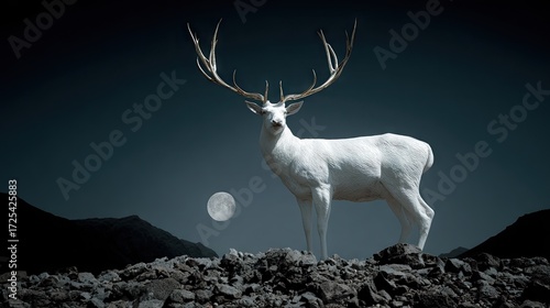 Majestic white deer stands atop a rocky hill at night.