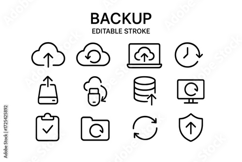 Icons depicting various aspects of data backup processes, including cloud storage, external drives, and system recovery