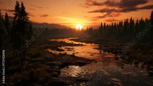 Golden sunset reflected over a tranquil river