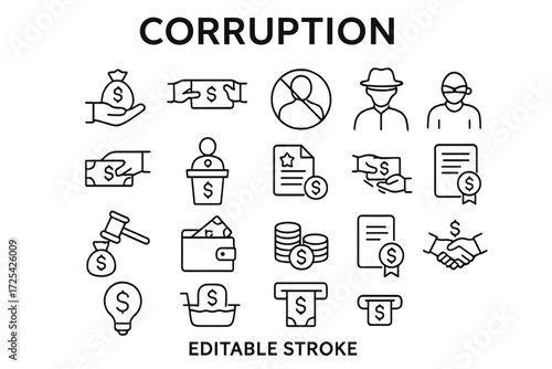 Visual representation of corruption through symbols of money, exchange, and deceit in a simple line art style