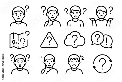 Various expressions of confusion and curiosity in a conceptual illustration