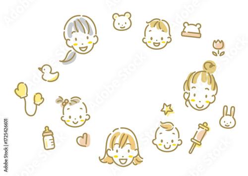 赤ちゃんとお母さんとあしらいのフレーム　手描き水彩風のお洒落でかわいい線画イラスト
