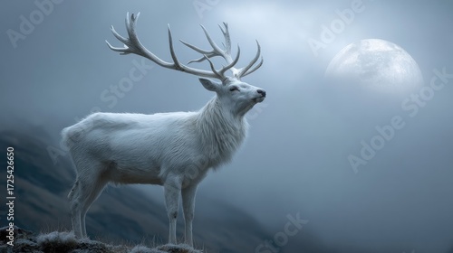 Majestic white stag gazes at the full moon.
