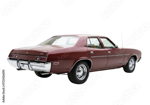 Maroon vintage 1970s muscle car, boxy, chrome hubcaps, whitewall tires, rear 3/4 view, isolated on transparent studio background with copy space, nostalgic automotive heritage concept