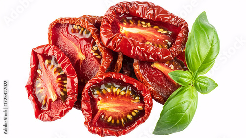Delicious sun dried tomatoes with fresh basil leaves for a vibrant Mediterranean culinary experience, perfect for healthy recipes and gourmet food