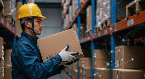 Man in protective helmet and suit carrying cardboard parcel box in modern smart logistics center with digital wireframe grid overlay symbolizing advanced technology and automated supply chain processe