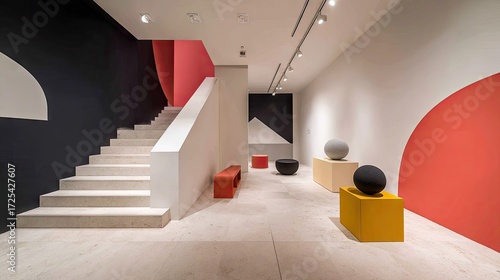 Modern interior design with bold color accents and simple shapes.