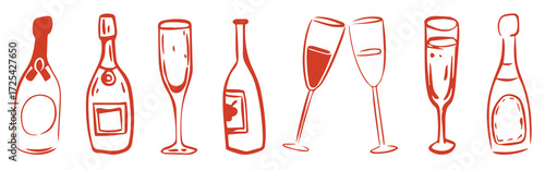 Party cheers drinks hand drawn in whimsical retro vintage line art style. Ideal for wedding invitation, menu design print collection. illustration