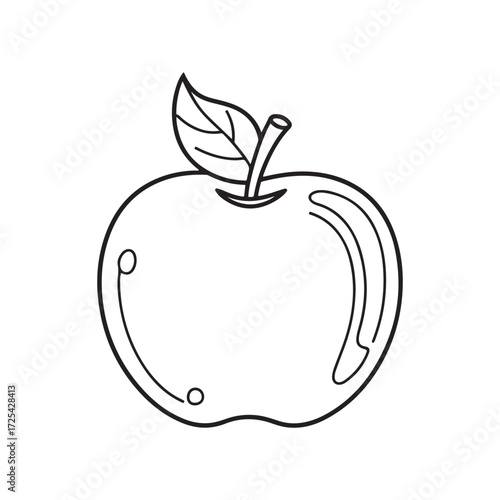 Shiny Stylized Whole Apple Outline Drawing with Leaf and Stem: Simple Vector Line Art Illustration for Educational or Coloring Book Design