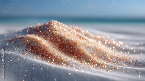Detailed Close Up of Granular Sand Pile with Shimmering Particles on Beachfront Under Bright Sunlight