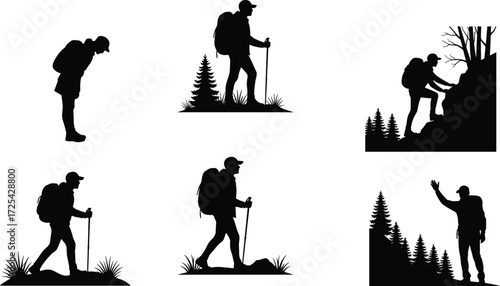 Hiking silhouettes, outdoor adventure, trekking posture, mountain climbing, backpack travel, nature exploration, fitness lifestyle, human gesture, wilderness