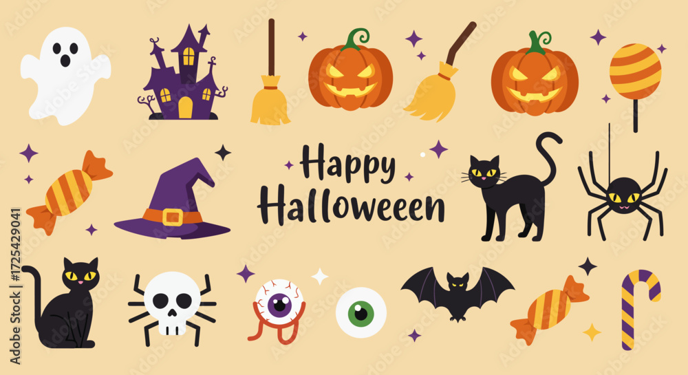 Obraz premium The spooky cartoon set of Halloween elements features a pumpkin, ghost, bat, cat, and witch hat for celebration design on a black night