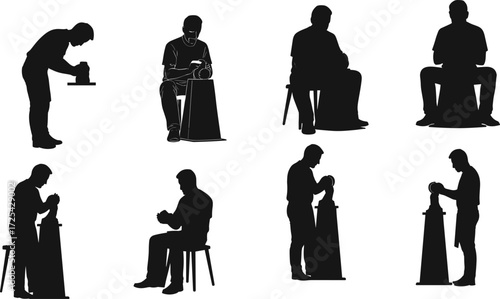 Pottery making silhouettes, artisan crafting, clay shaping, pottery wheel, handmade ceramics, creative hobby, 