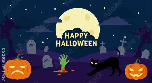A scary Halloween vector illustration shows a spooky graveyard, dark moon, black cat, and tree over pumpkins on a spooky October night