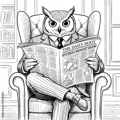 Anthropomorphic owl in suit reading newspaper illustration
