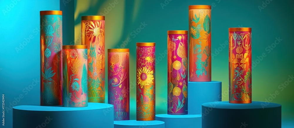 Naklejka premium Assortment of cylindrical decorative objects with vibrant floral patterns on blue pedestals