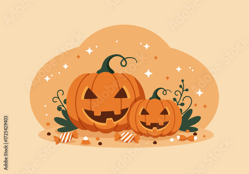 An evil jack-o'-lantern pumpkin vector illustration with a spooky smile for Halloween decoration on a dark background