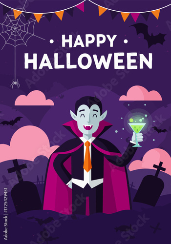 A dracula wearing a glass full of a drink to celebrate halloween night party