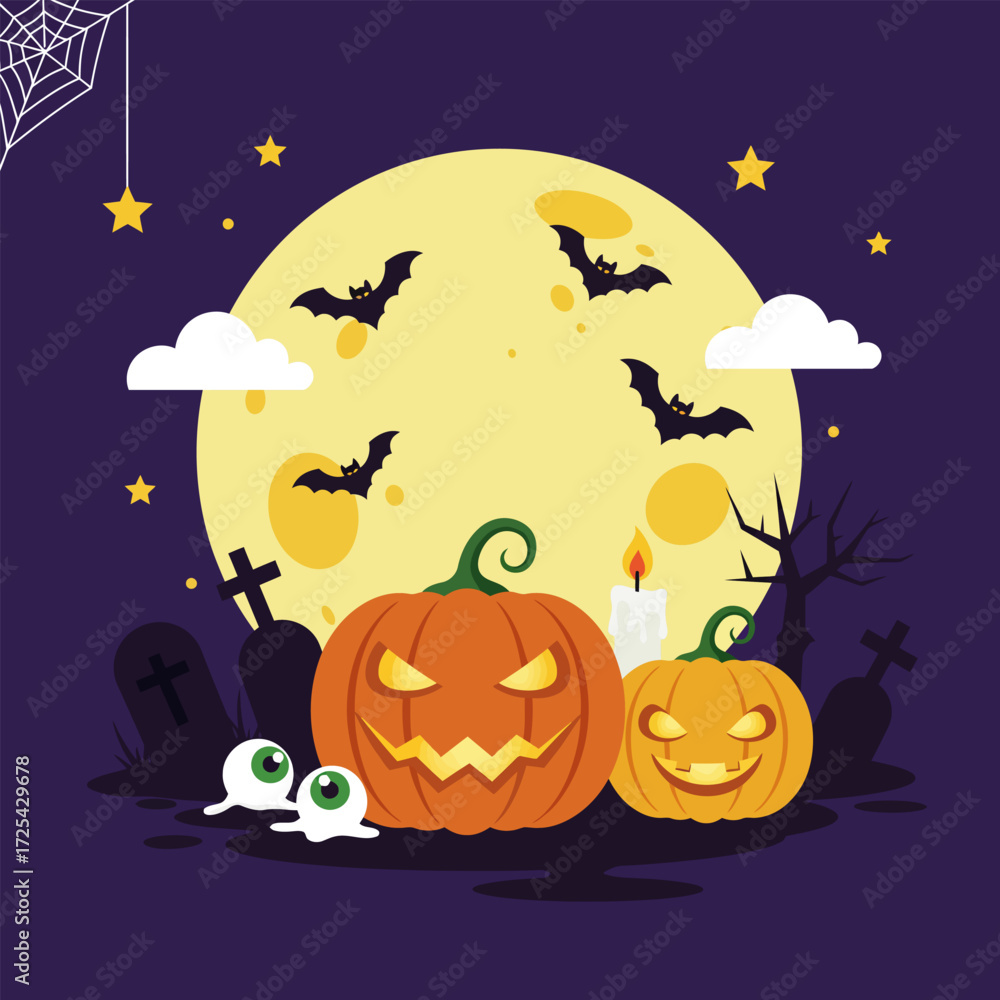 Fototapeta premium Spooky Halloween pumpkin illustration on a dark night with bats and pumpkin head
