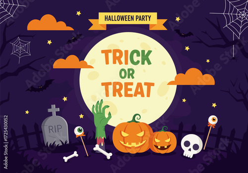 A spooky Halloween vector illustration with pumpkins, bats, in the graveyard, under an October moon