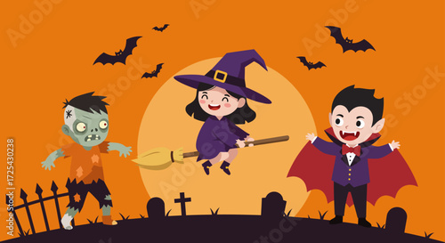 Happy kids wearing costume in the halloween include zombie, witch, and dracula