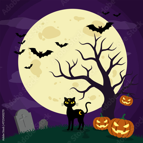 Spooky Halloween night background vector illustration with black cat, pumpkins, bats, and a full moon