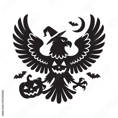 Intricate Halloween Eagle or Falcon Spreading Wings with Witch Hat and Scary Jack-o'-Lantern Silhouette