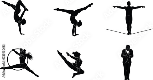 Acrobat silhouettes performing gymnastics, circus and dance moves, tightrope balance illustration, black vector design, performance art collection, expressive body movement
