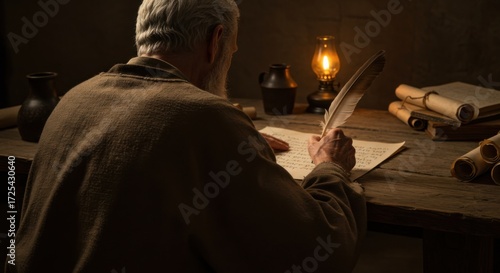 Old man scribe writing on parchment paper with a feather quill. Biblical history concept. Ancient art, culture, and wisdom.