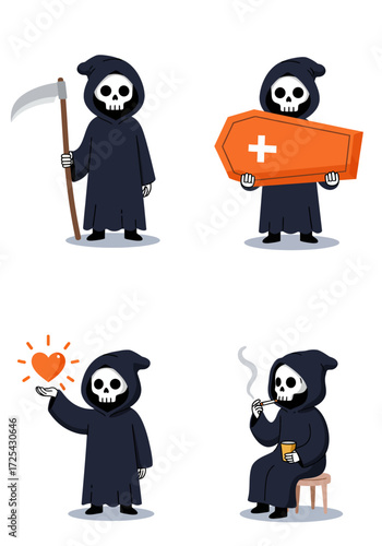 Four activities of the grim reaper in the halloween, vector illustration