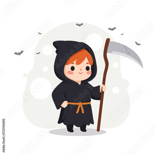 Cute cartoon a boy wearing grim reaper costume for celebrate halloween