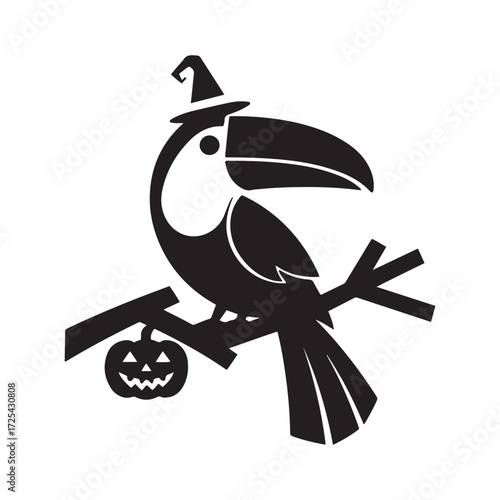Stylized Halloween Toucan Bird with Witch Hat Perched on a Tree Branch Holding a Jack-o'-Lantern