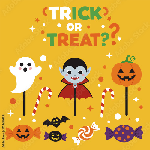 Trick or treat party include candy character ghost, dracula, and pumpkin head