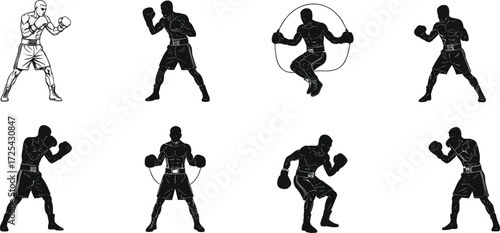 Boxing silhouette illustration with fighter stances, jumping rope, defensive crouch, athlete training, combat sport artwork, strength and conditioning sequence