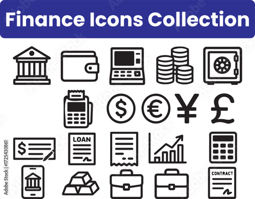 Finance icon set. Containing loan, cash, saving, financial goal, profit, budget, mutual fund, earning money and revenue icons. Solid icons collection.