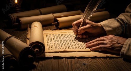 Man writing ancient text on parchment scroll with a feather quill. Biblical scribe creating a manuscript from old testament.