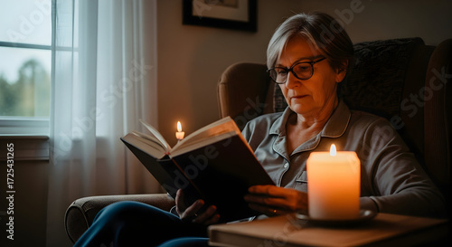 Elderly Woman Reading by Candlelight in a Cozy Armchair
